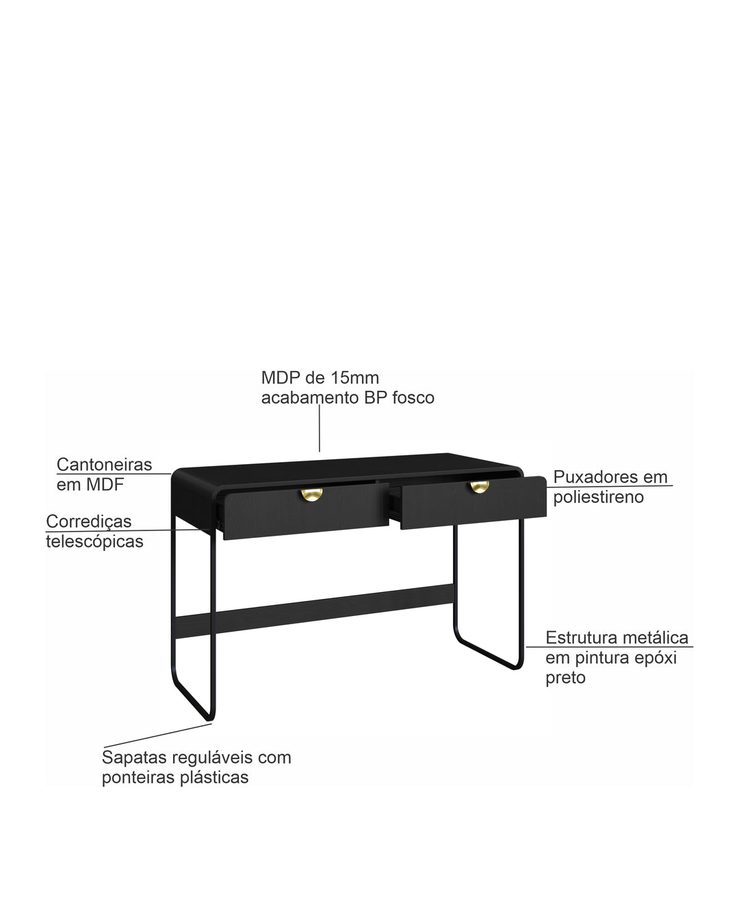 Escrivaninha Orgânica 2 Gavetas com Pés em Aço Dunna 125 cm - Preto Fosco