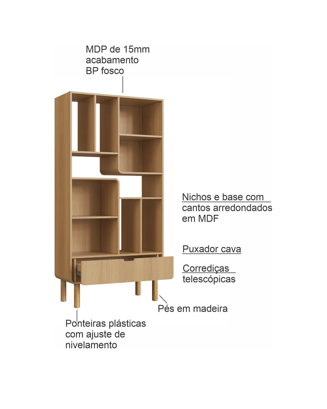 Estante Orgânica 1 Gaveta Prateleiras  Yume 180 cm - Mel