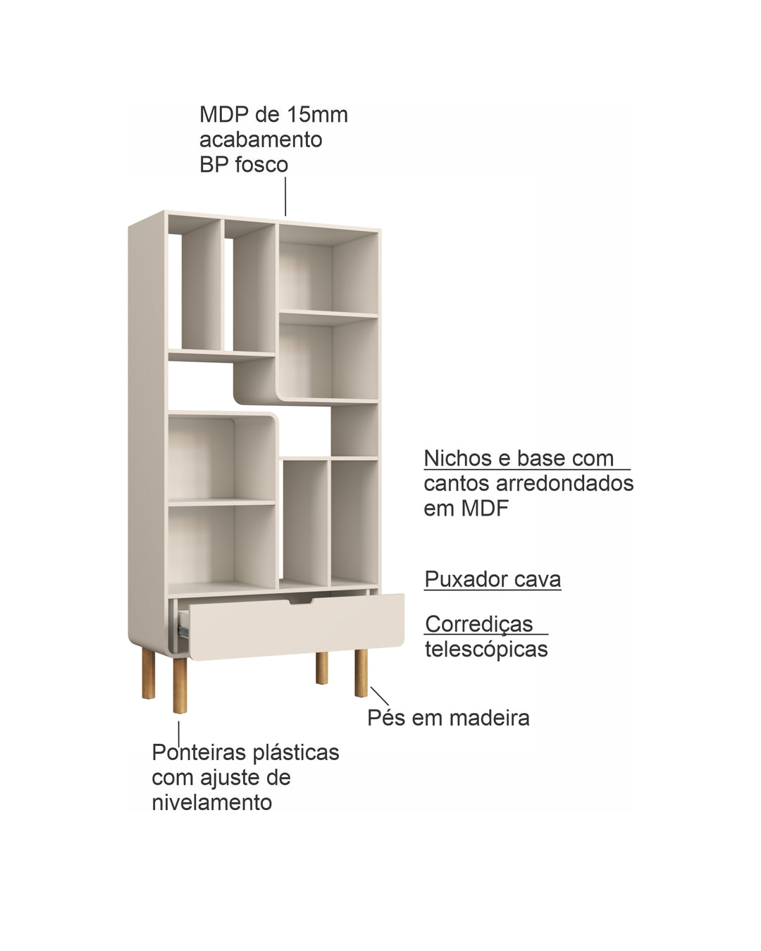 Estante Orgânica 1 Gaveta Prateleiras  Yume 180 cm - Off-White Fosco