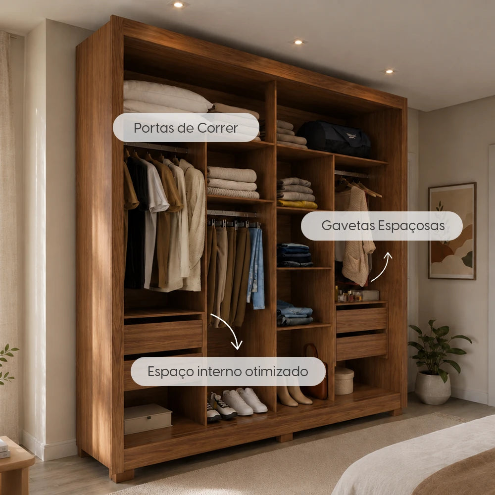 Guarda-Roupa Casal com Espelho 2 Portas de Correr 6 Gavetas Soho 240 cm - Canella c/ Off White