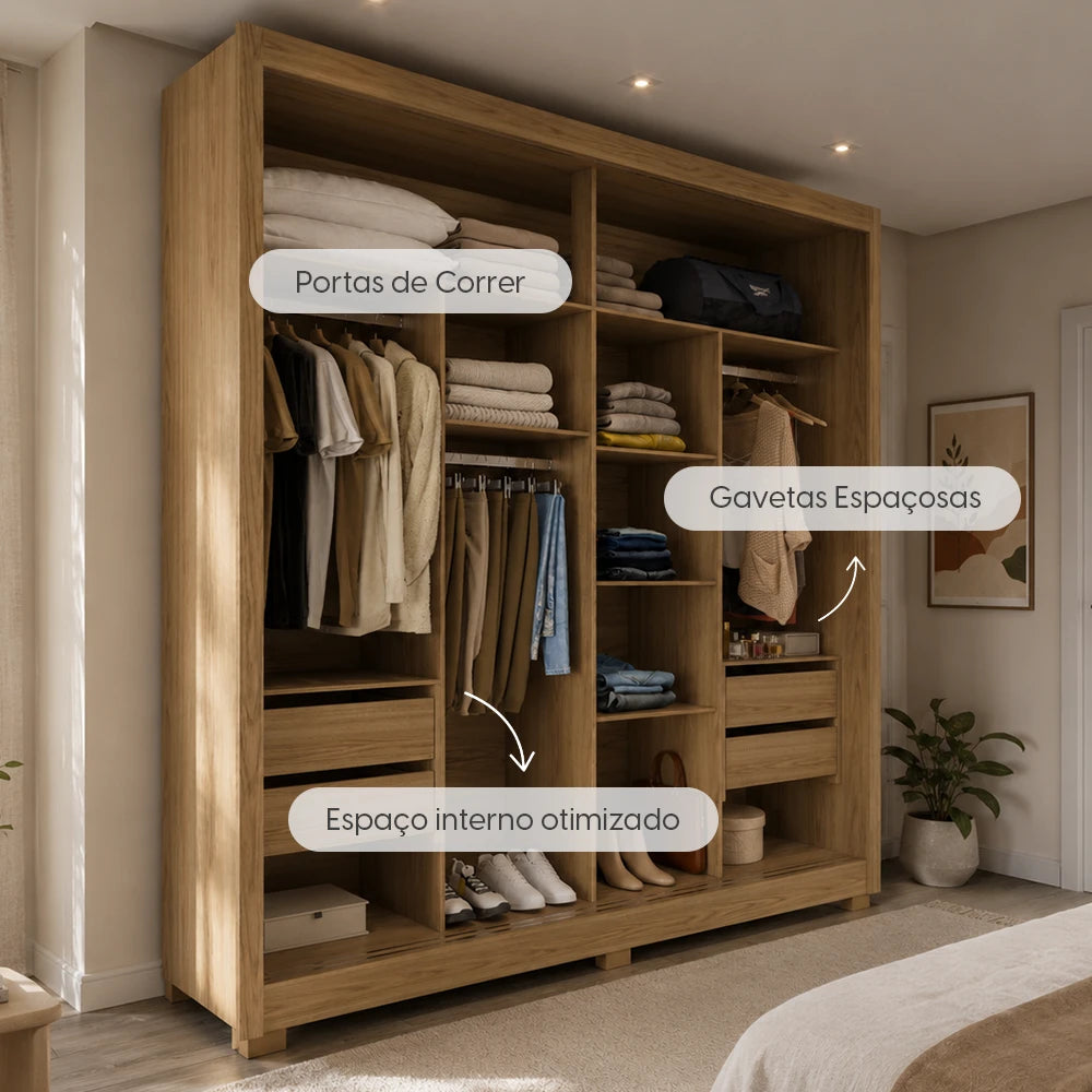 Guarda-Roupa Casal com Espelho 2 Portas de Correr 6 Gavetas Soho 240 cm - Carvalho c/ Off White