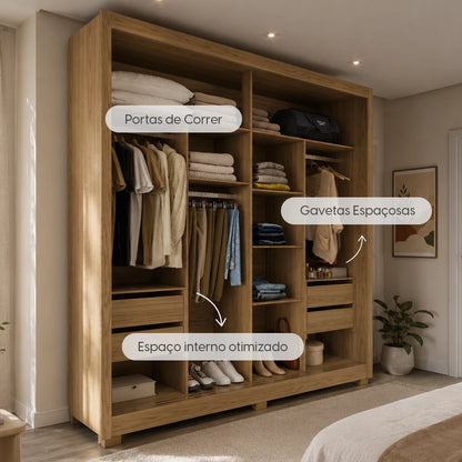 Guarda-Roupa Casal com Espelho 2 Portas de Correr 6 Gavetas Soho 240 cm - Carvalho c/ Off White