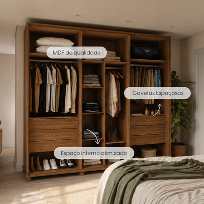 Guarda-Roupa Casal com Espelho 6 Portas 6 Gavetas 100% MDF Dayton 275 cm - Canella c/ Off White