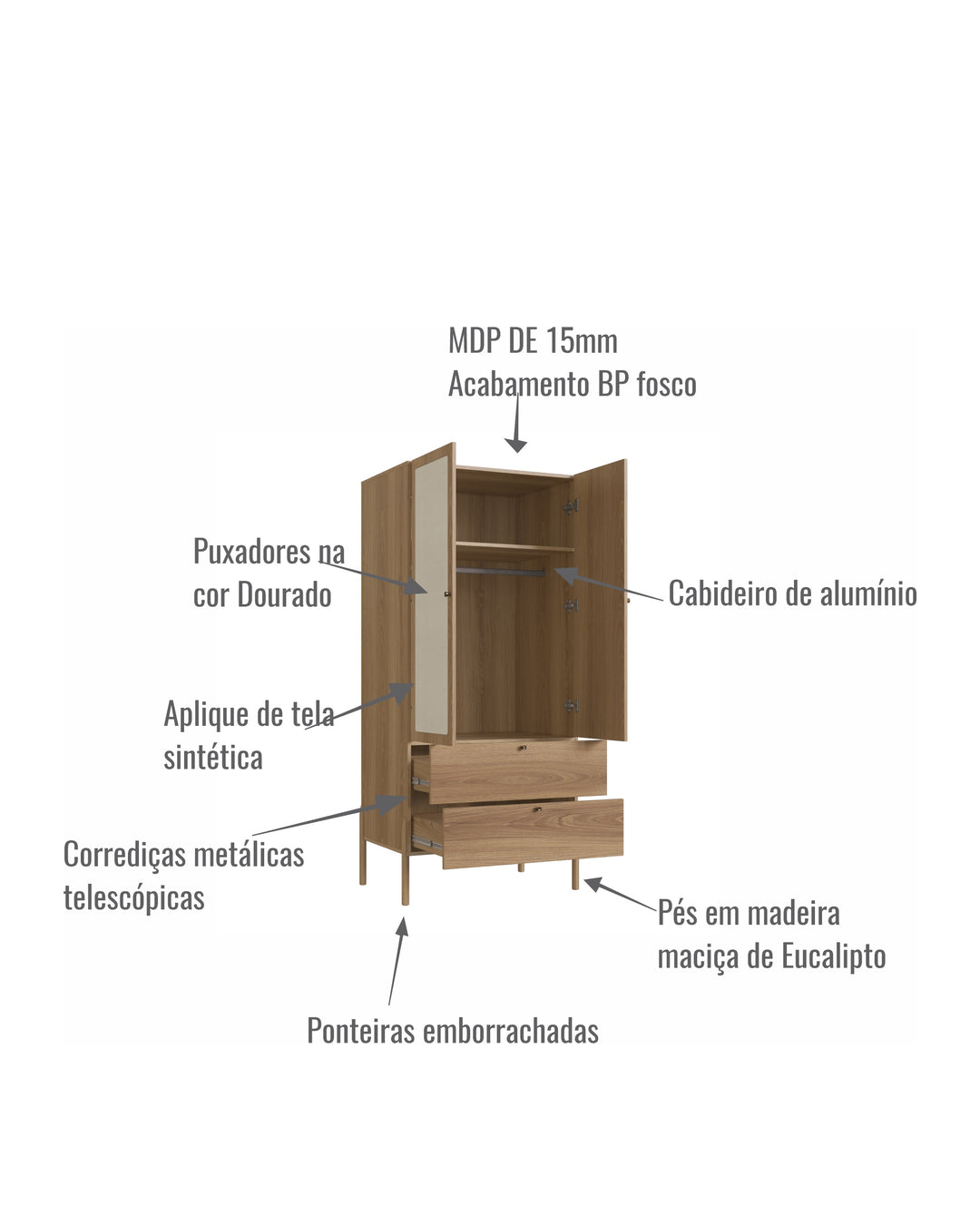 Guarda Roupas 2 Portas 2 Gavetas Palhinha Urdi 80 cm - Mel