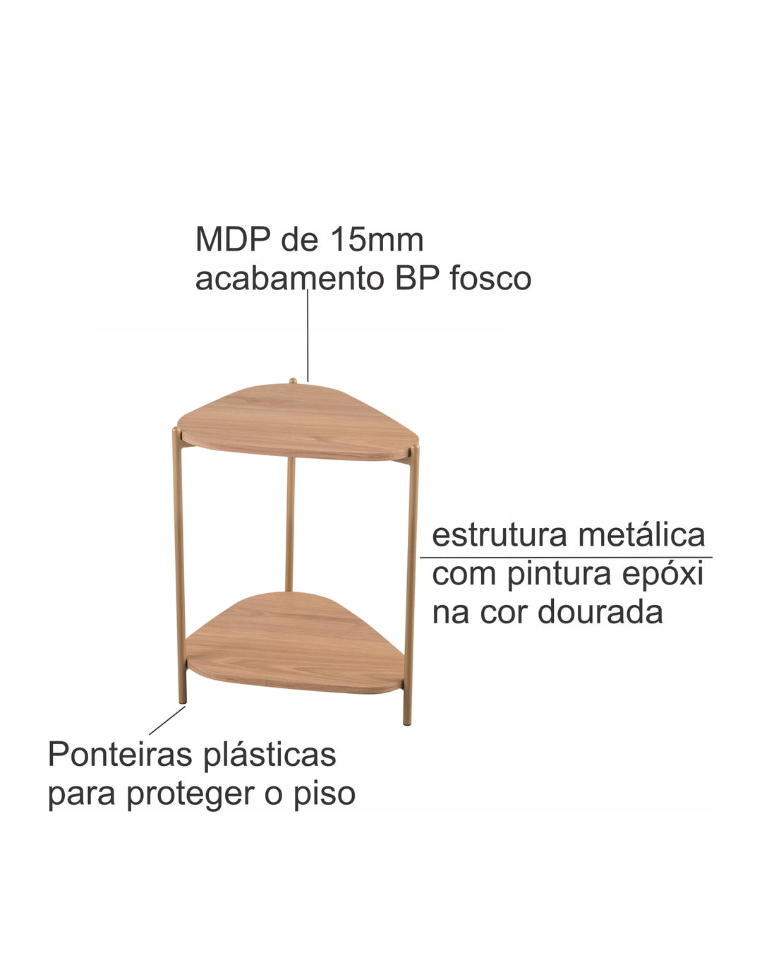 Mesa Lateral com Prateleira Orgânica e Pés em Aço Nami 44 cm - Mel c/ Dourado