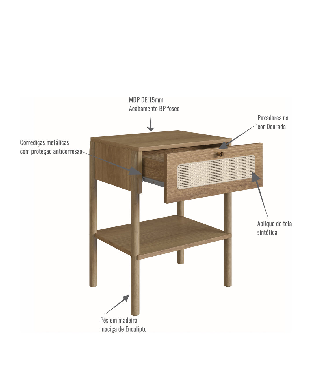 Mesa de Cabeceira 1 Gaveta Palhinha Urdi 48 cm - Mel
