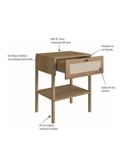 Mesa de Cabeceira 1 Gaveta Palhinha Urdi 48 cm - Mel