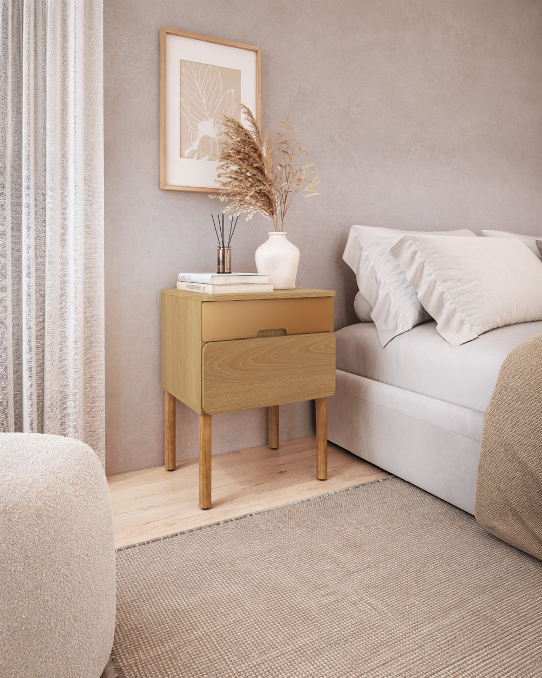 Mesa de Cabeceira 2 Gavetas Lumi 45 cm - Mel c/ Dourado