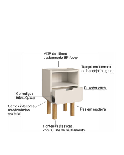 Mesa de Cabeceira Orgânica 1 Gaveta Yume 40 cm - Off-White Fosco
