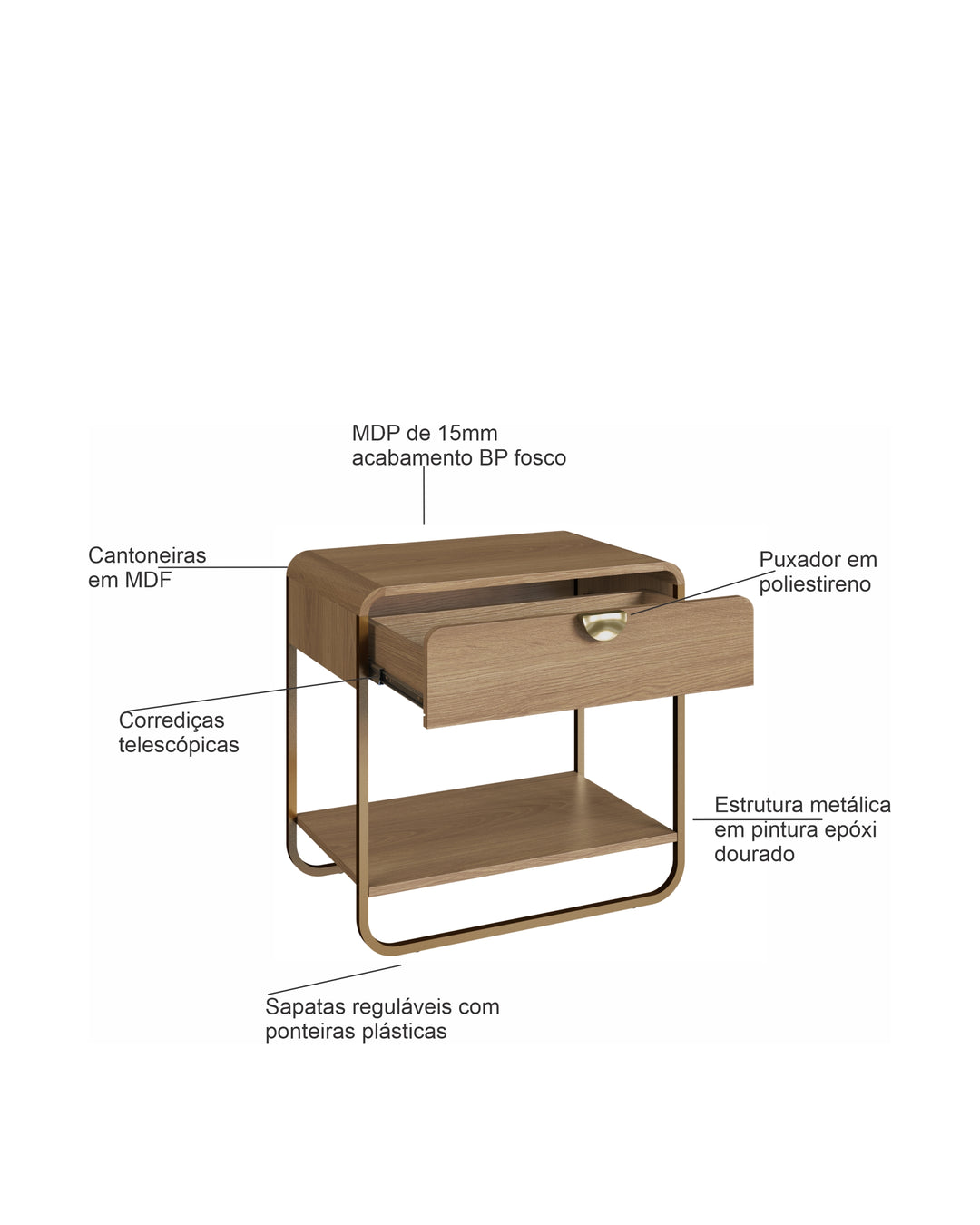 Mesa de Cabeceira 1 Gaveta 1 Prateleira Pés em Aço Dunna 60 cm - Mel c/ Dourado