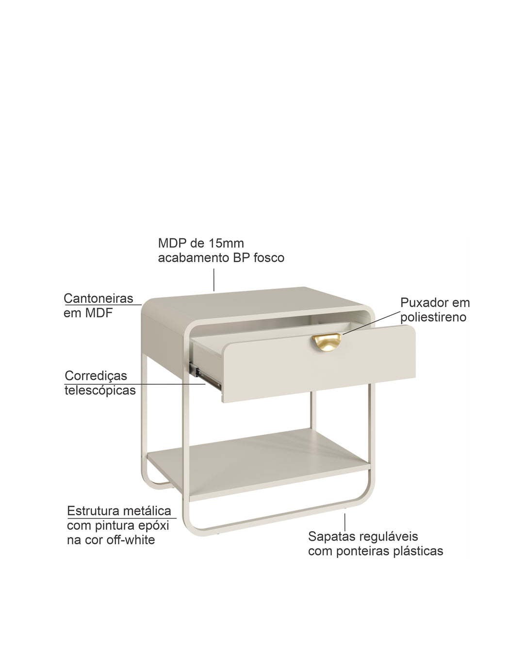 Mesa de Cabeceira 1 Gaveta 1 Prateleira Pés em Aço Dunna 60 cm - Off White c/ Dourado