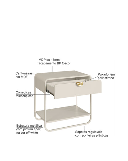 Mesa de Cabeceira 1 Gaveta 1 Prateleira Pés em Aço Dunna 60 cm - Off White c/ Dourado