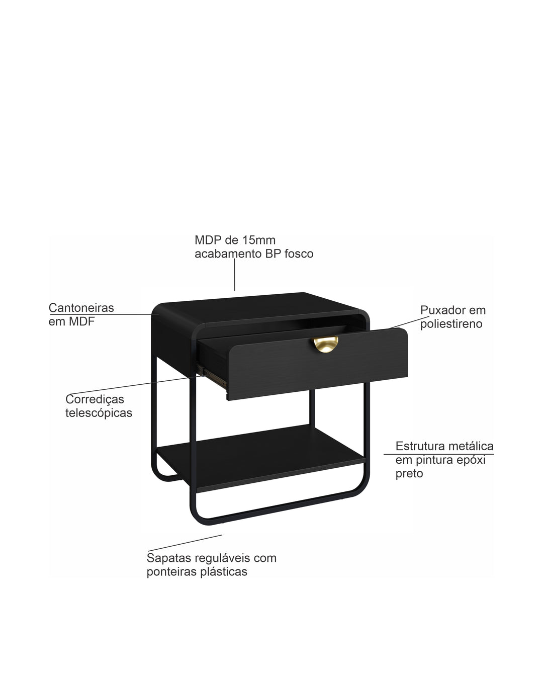 Mesa de Cabeceira com 1 Gaveta Dunna 60 cm - Preto c/ Dourado