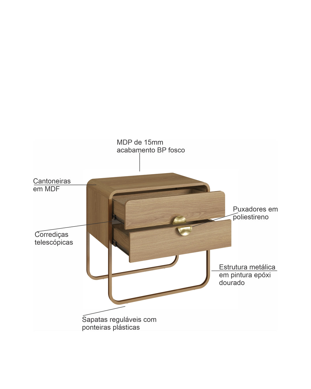 Mesa de Cabeceira 2 Gavetas Pés em Aço Dunna 60 cm - Mel c/ Dourado