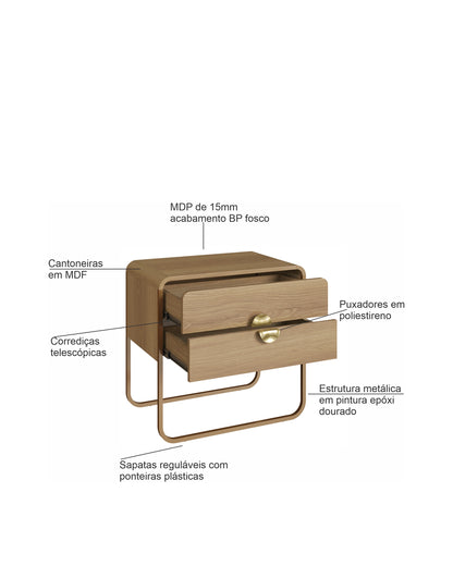 Mesa de Cabeceira 2 Gavetas Pés em Aço Dunna 60 cm - Mel c/ Dourado