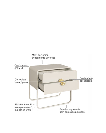Mesa de Cabeceira 2 Gavetas Pés em Aço Dunna 60 cm - Off White c/ Dourado