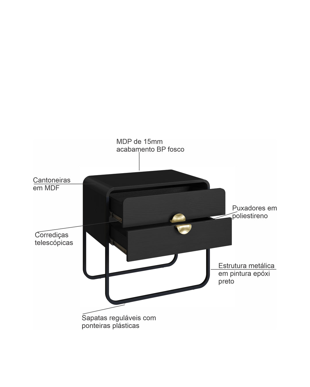 Mesa de Cabeceira com 2 Gavetas Dunna 60 cm - Preto c/ Dourado