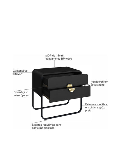 Mesa de Cabeceira com 2 Gavetas Dunna 60 cm - Preto c/ Dourado