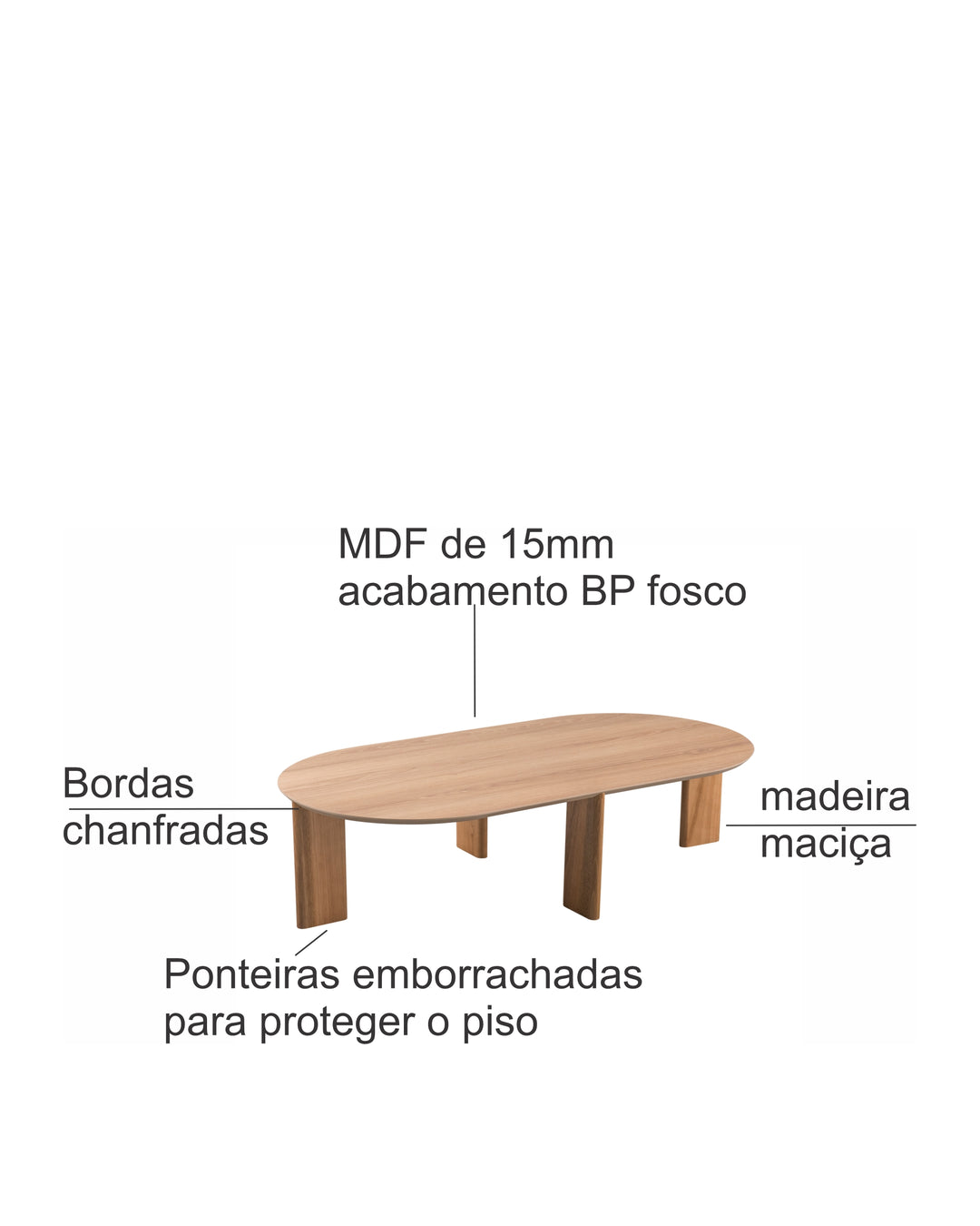 Mesa de Centro Orgânica com Pés de Madeira Maciça Moova 120 cm - Mel