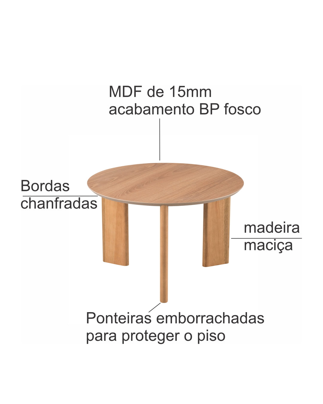 Mesa de Centro Redonda com Pés de Madeira Maciça Moova 60 cm - Mel