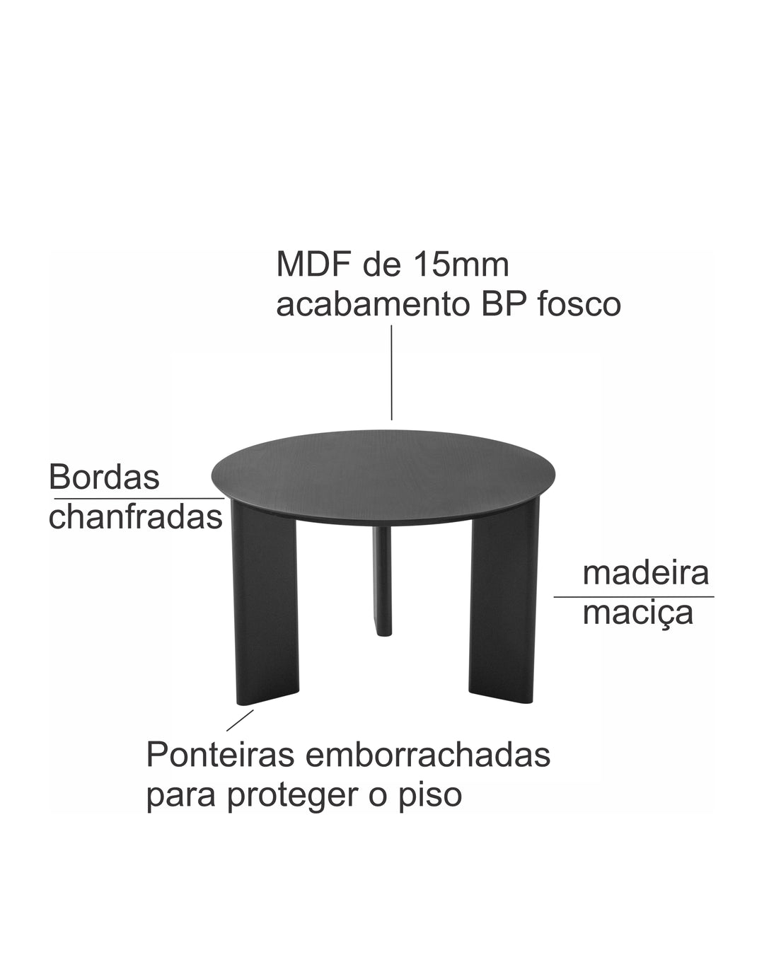 Mesa de Centro Redonda com Pés de Madeira Maciça Moova 60 cm - Preto Fosco