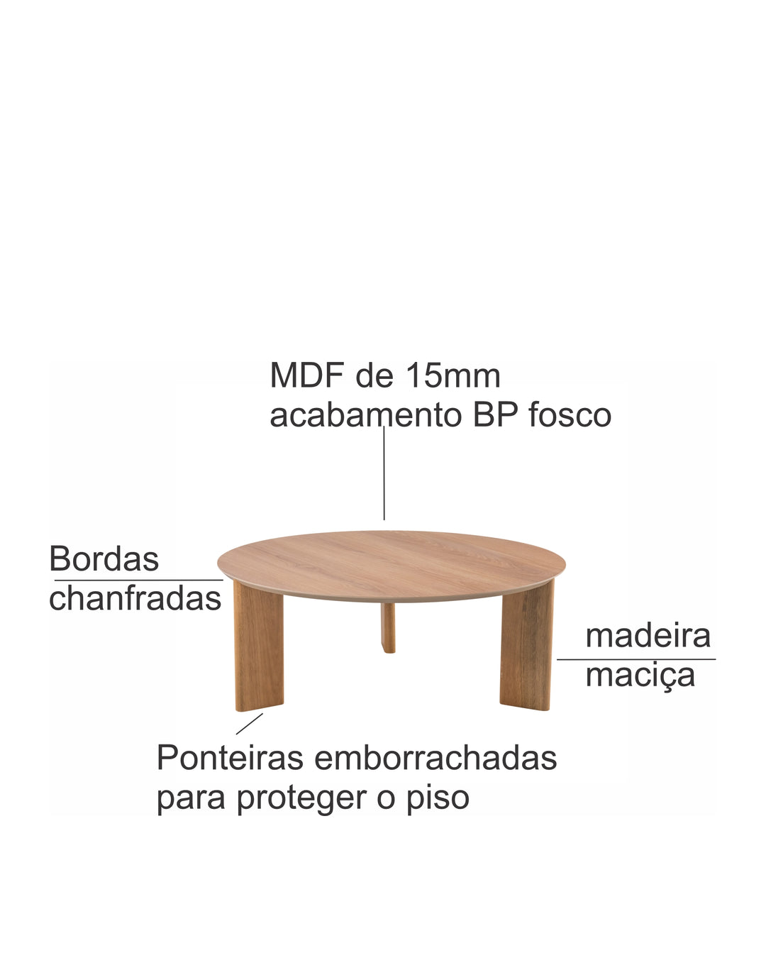 Mesa de Centro Redonda com Pés de Madeira Maciça Moova 80 cm - Mel