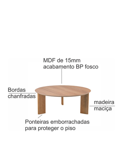 Mesa de Centro Redonda com Pés de Madeira Maciça Moova 80 cm - Mel