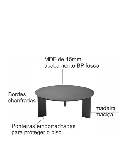 Mesa de Centro Redonda com Pés de Madeira Maciça Moova 80 cm - Preto Fosco