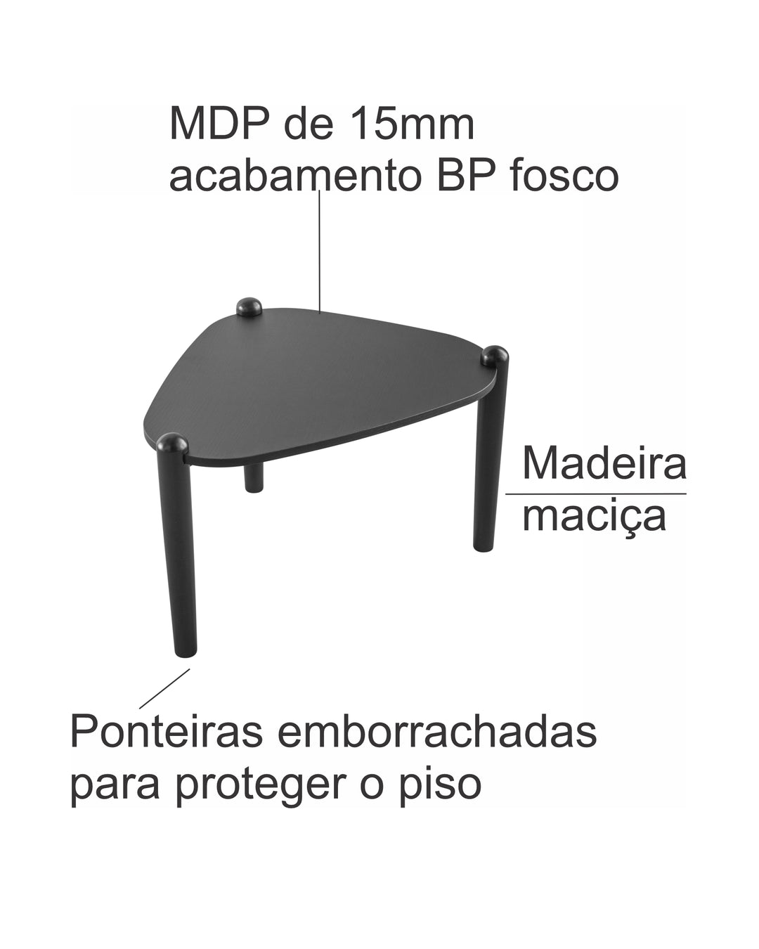 Mesa de Centro Orgânica com Pés em Madeira Maciça Mori 55 cm - Preto Fosco