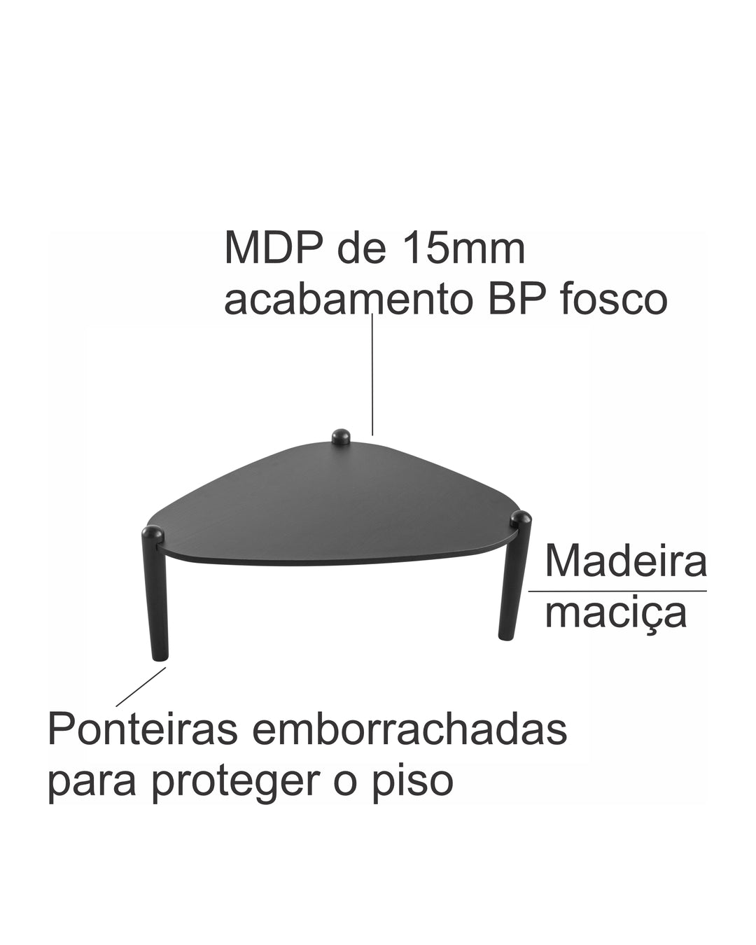 Mesa de Centro Triangular com Pés em Madeira Maciça Mori 84 cm - Preto Fosco