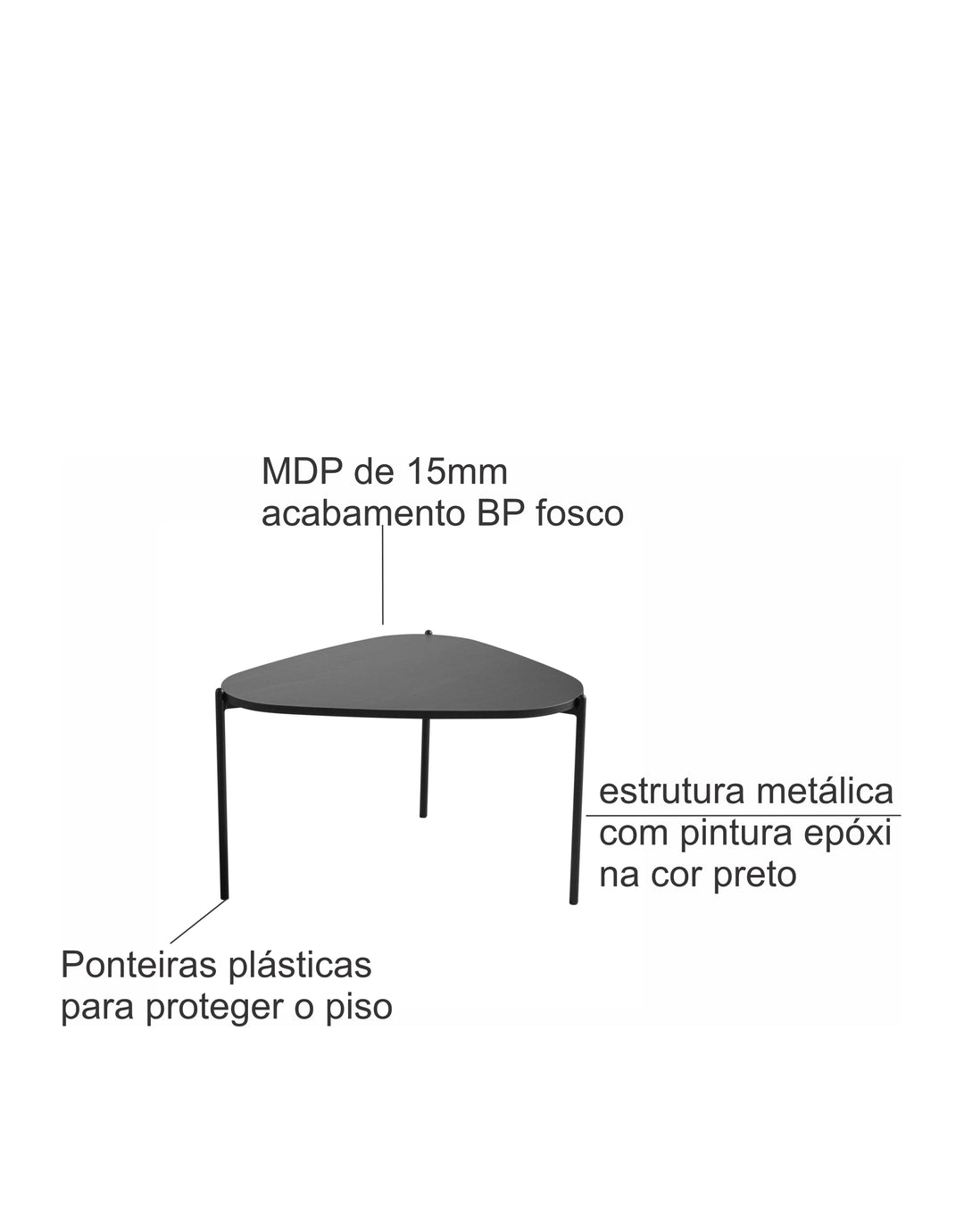 Mesa de Centro Orgânica com Pés em Aço Nami 59 cm - Preto Fosco