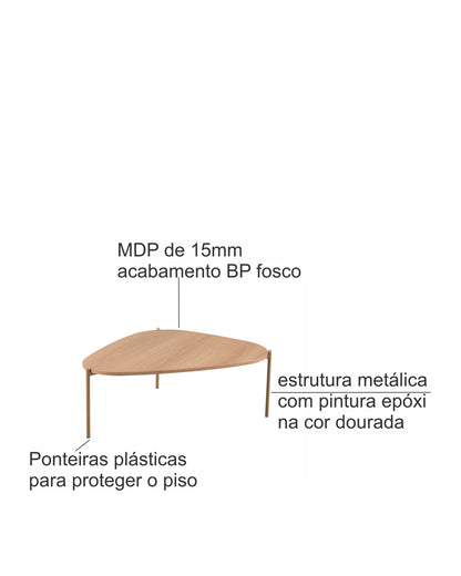 Mesa de Centro Orgânica com Pés em Aço Nami 77 cm - Mel c/ Dourado