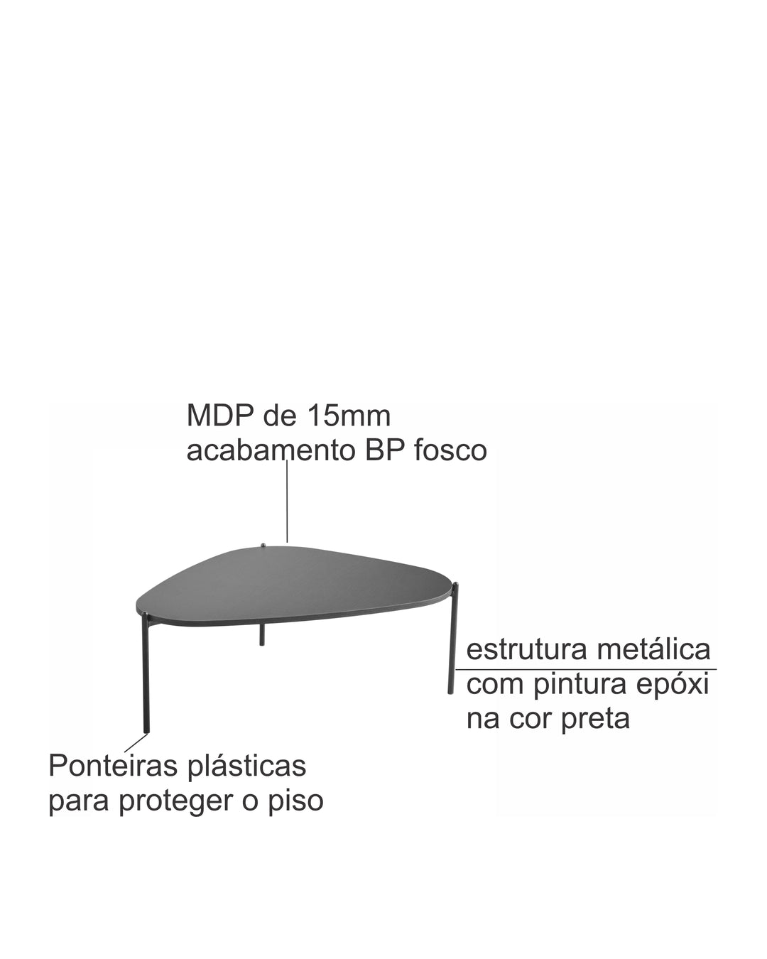 Mesa de Centro Orgânica com Pés em Aço Nami 77 cm - Preto Fosco