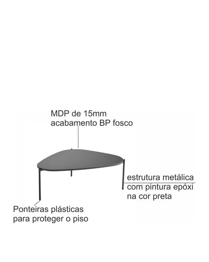 Mesa de Centro Orgânica com Pés em Aço Nami 77 cm - Preto Fosco