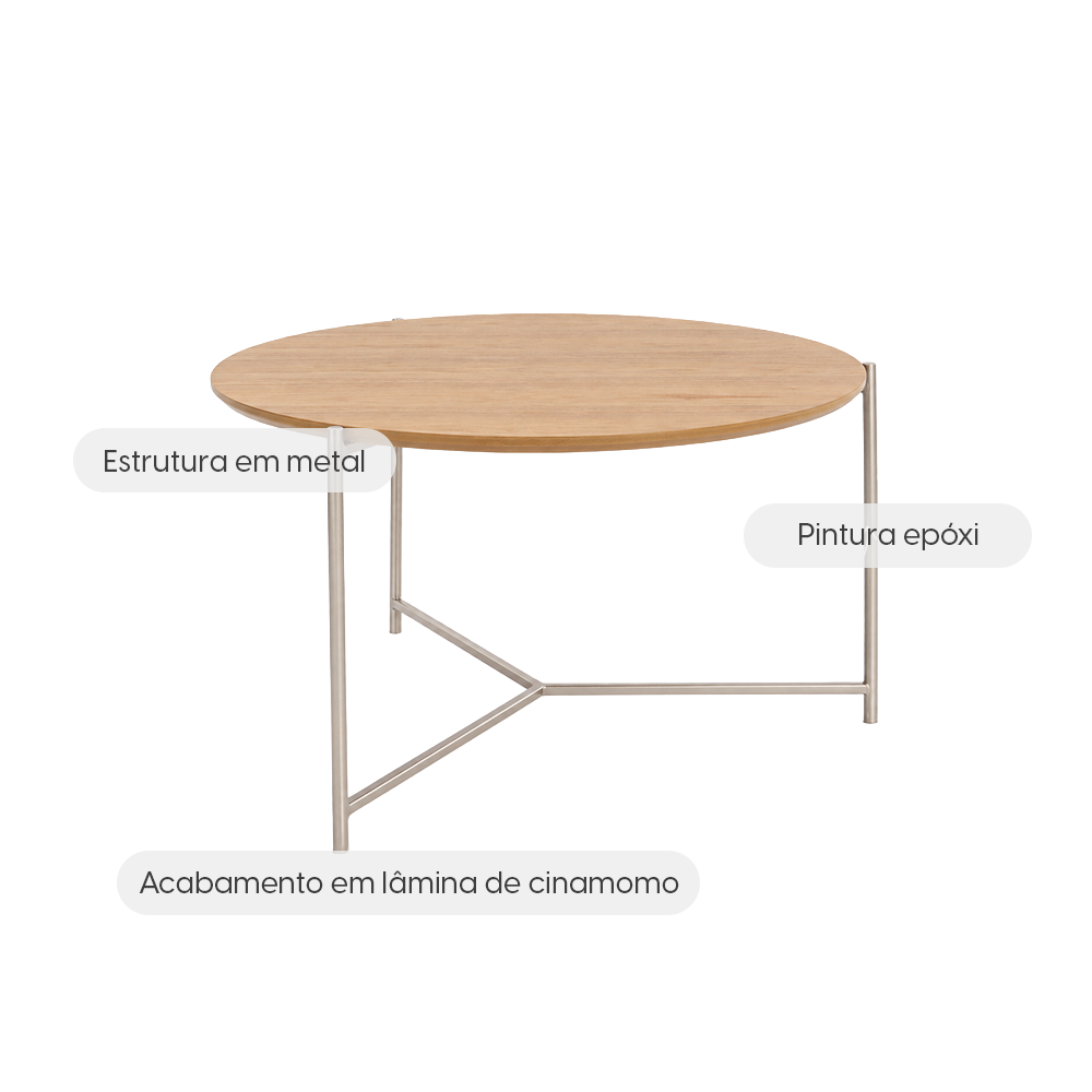 Mesa de Centro Redonda com pés em Metal Biophilia 61 cm - Mel c/ Champanhe