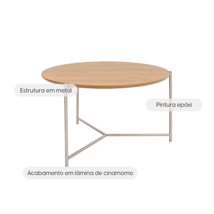 Mesa de Centro Redonda com pés em Metal Biophilia 61 cm - Mel c/ Champanhe