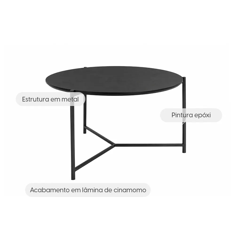 Mesa de Centro Redonda com pés em Metal Biophilia 61 cm - Preto