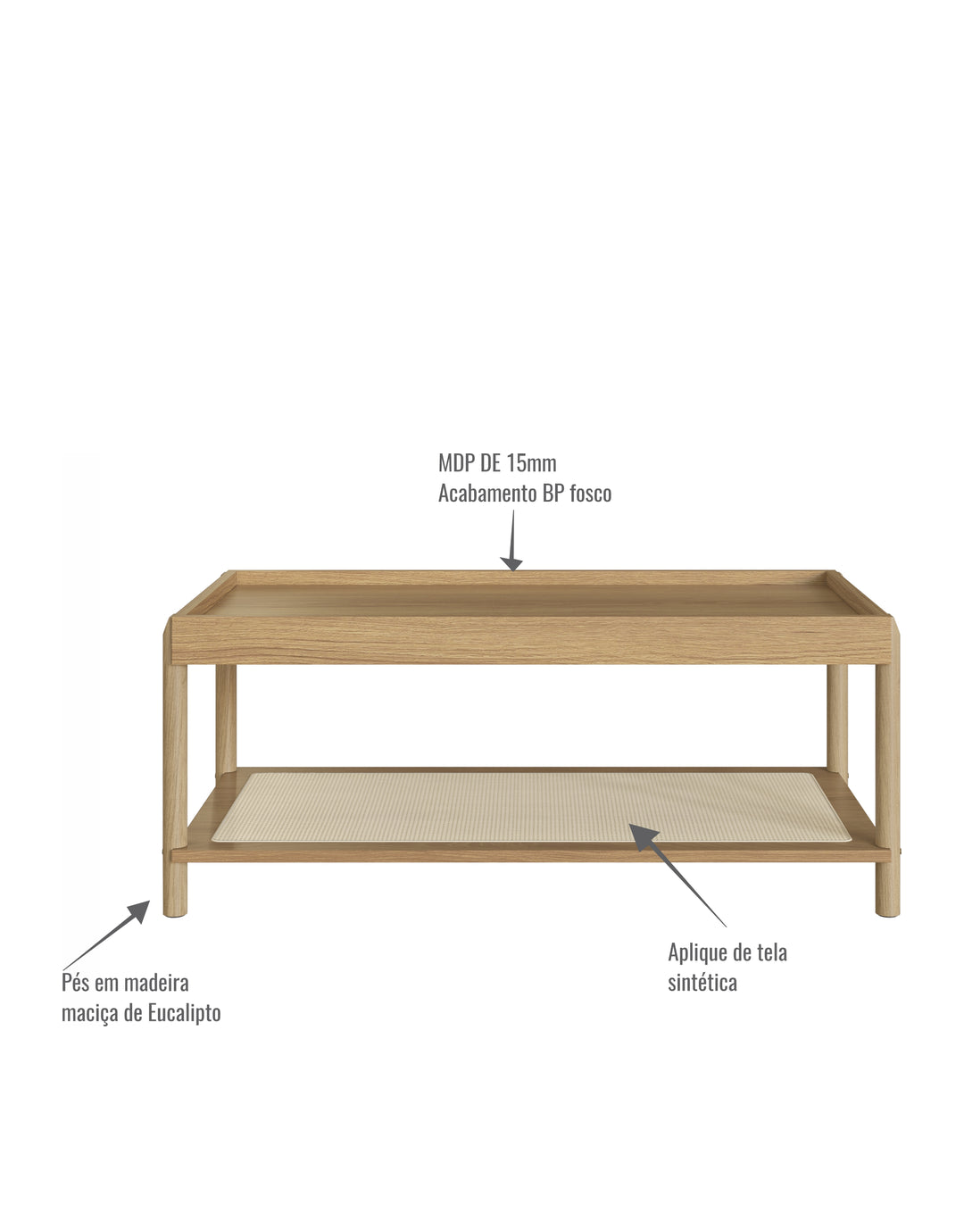 Mesa de Centro Retangular com Prateleira Palhinha Urdi 93 cm - Mel