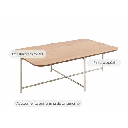 Mesa de Centro Retangular com pés em Metal Biophilia 93 cm - Mel c/ Champanhe