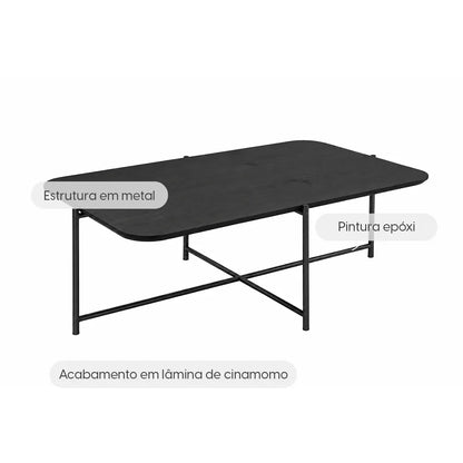 Mesa de Centro Retangular com pés em Metal Biophilia 93 cm - Preto