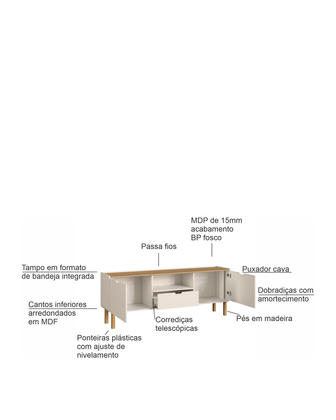 Rack Orgânico 2 Portas 1 Gaveta Yume 180 cm - Off-White c/ Mel
