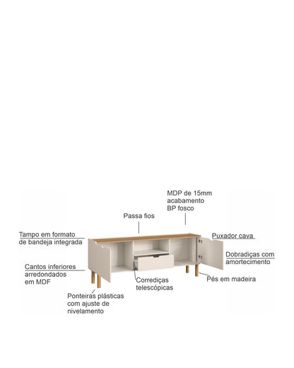 Rack Orgânico 2 Portas 1 Gaveta Yume 180 cm - Off-White c/ Mel