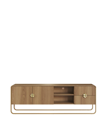 Rack Orgânico 2 Portas 2 Gavetas com Pés em Aço Dunna 180 cm - Mel c/ Dourado