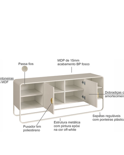 Rack Orgânico 2 Portas com Pés em Aço Dunna 150 cm - Off-White Fosco