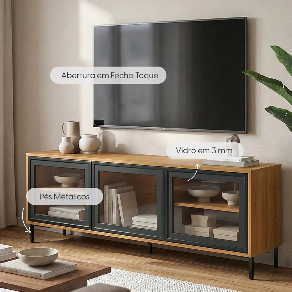 Rack para TV Até 55" 3 Portas com Vidro Vitria 135 cm - Mel c/ Preto