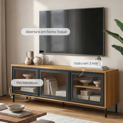 Rack para TV Até 55" 3 Portas com Vidro Vitria 135 cm - Mel c/ Preto