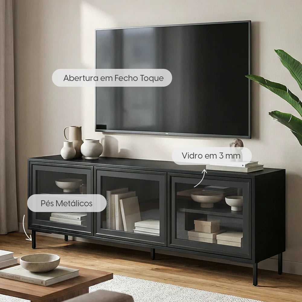Rack para TV Até 55" 3 Portas com Vidro Vitria 135 cm - Preto