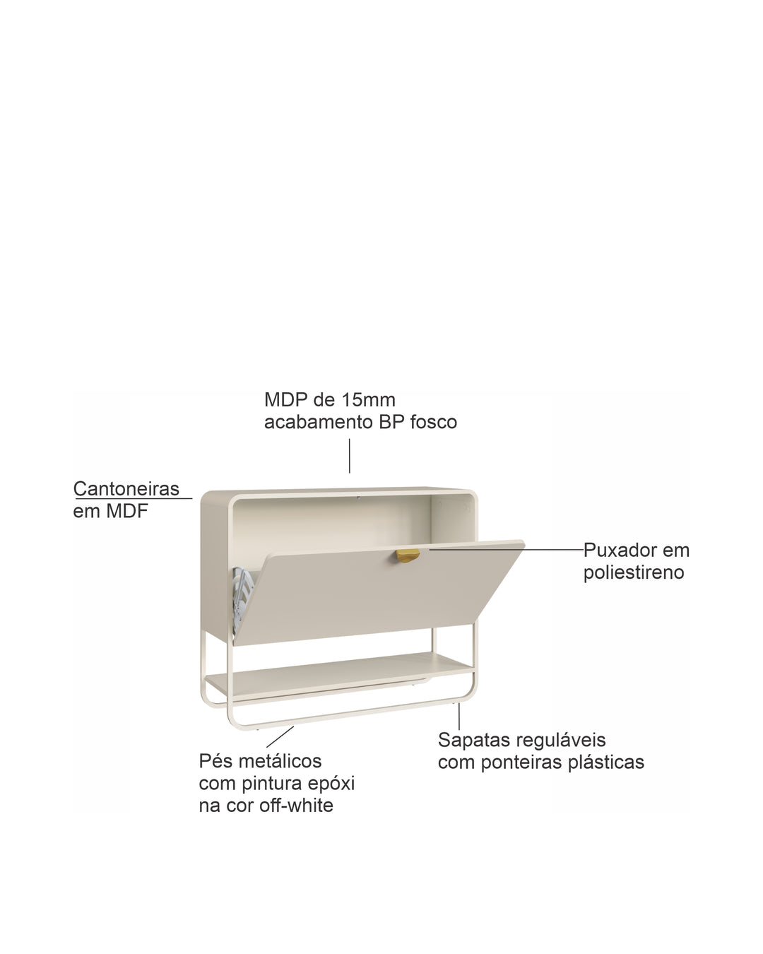 Sapateira Orgânica 1 Porta com Pés em Aço Dunna 93 cm - Off-White Fosco