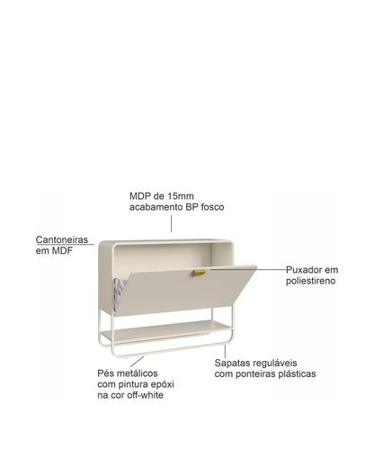 Sapateira Orgânica 1 Porta com Pés em Aço Dunna 93 cm - Off-White Fosco