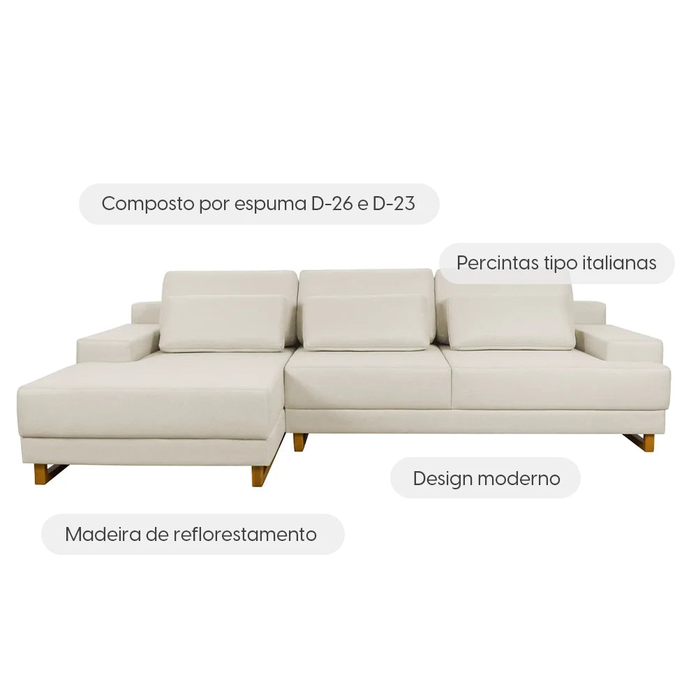 Sofá 6 Lugares com Chaise Lado Esquerdo Mônaco 300 cm - Linho Texturizado Bege c/ Natural
